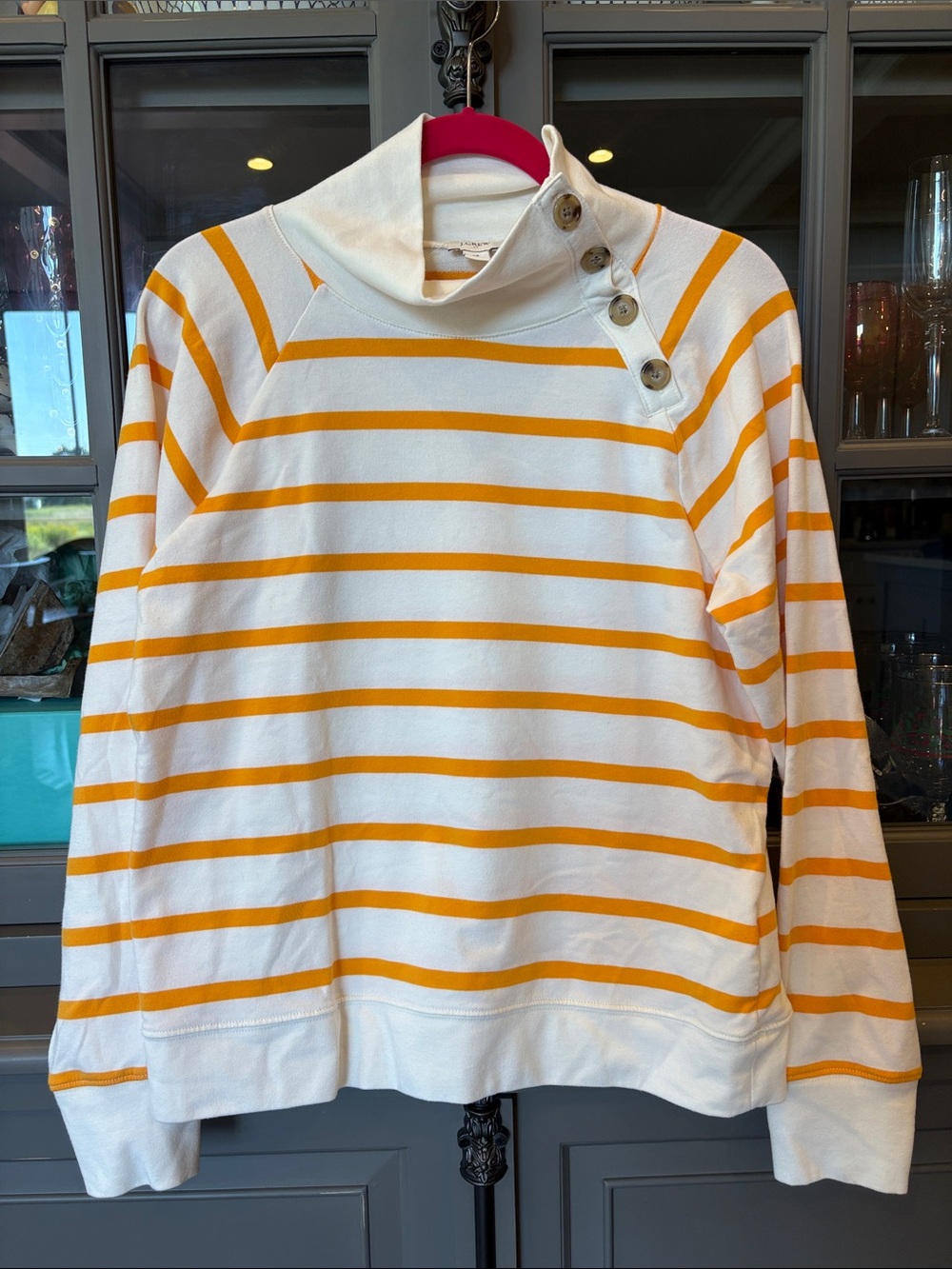 J. Crew Yellow Striped Funnel-Neck Button Sweater